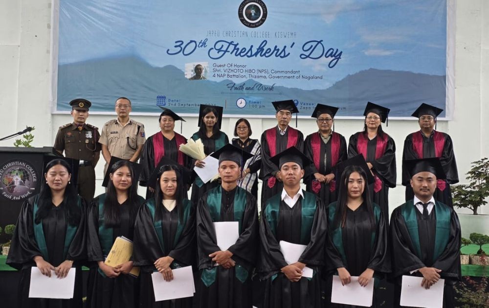 Academic achievers from Japfü Christian College with Guest of Honour Vizhoto Hibo Commandant, 4 NAP Battalion, Thizama, and Principal Prof Visakhonü Hibo during the college’s 30th Freshers’ Day celebration on September 2. (Photo Courtesy: JCC)